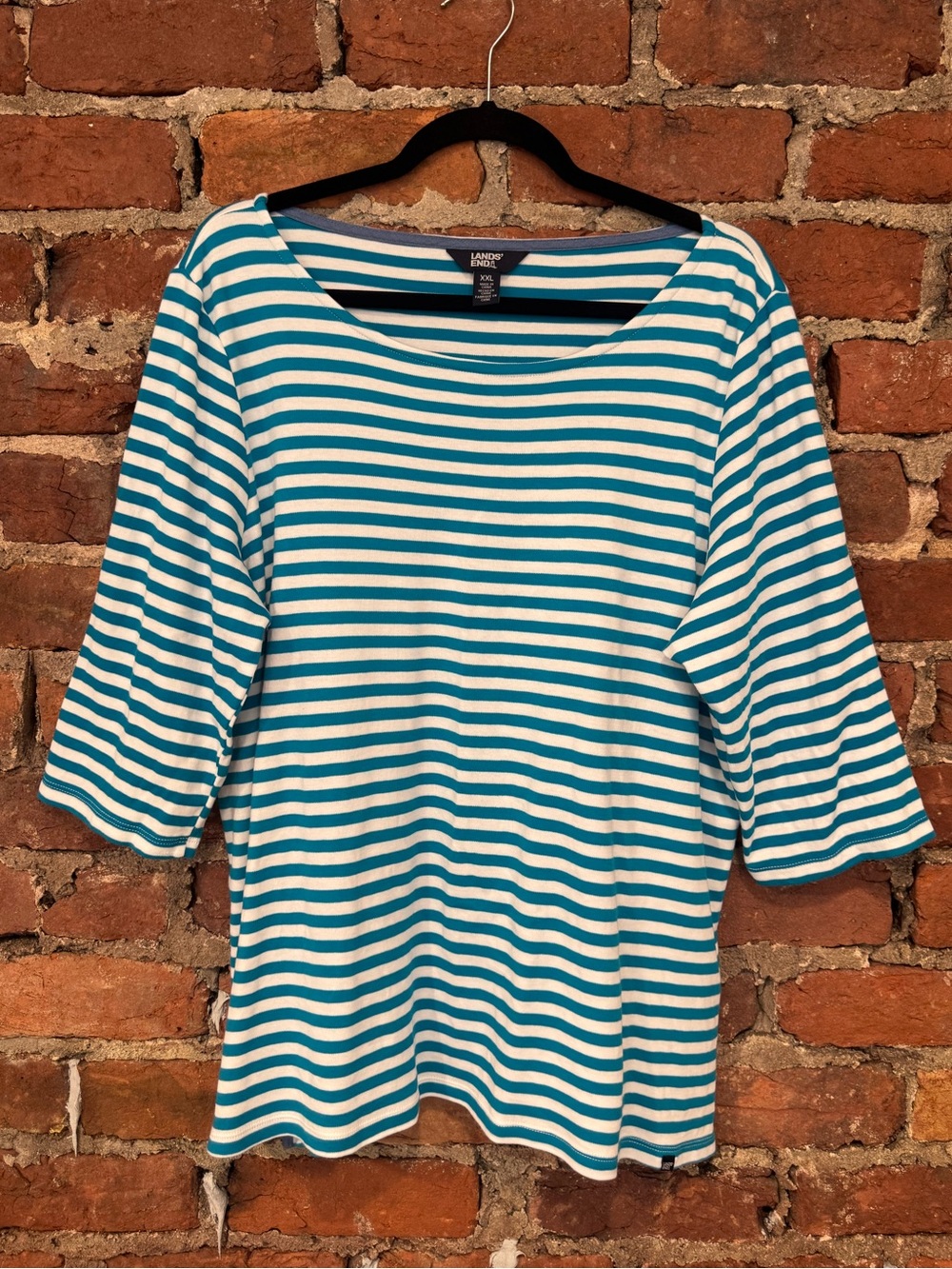 Lands' End Women’s Teal and White Striped Boatneck 3/4 Sleeve Top (100% Cotton)